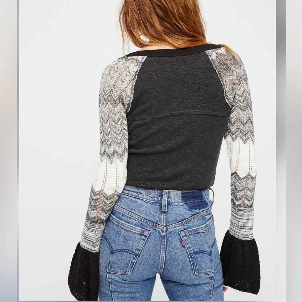 Free People Sunshine Thermal Knit Bell Sleeve Top Black Small Boho Casual Winter